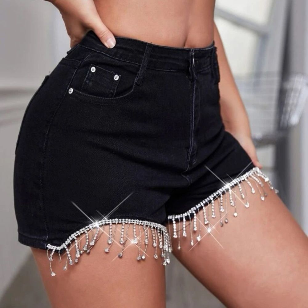 SHEIN Rhinestone Fringe Trim Denim Shorts